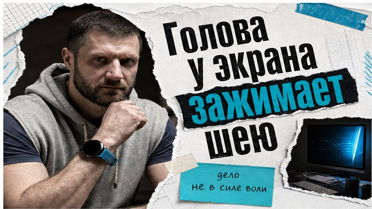Голова уезжает вперёд за монитором и зажимает шею и спину