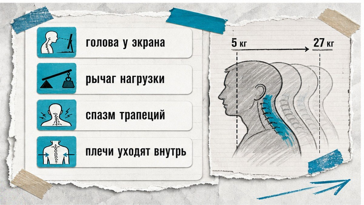 Нагрузка на шею при наклоне головы к монитору