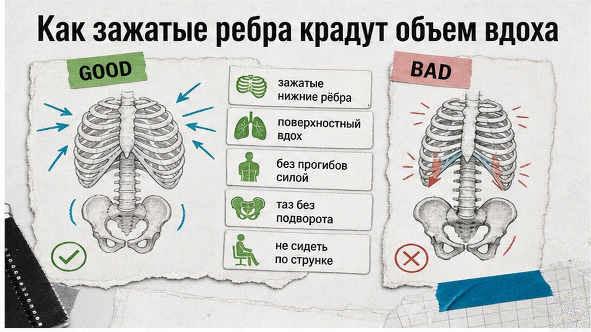 Сравнение: как зажатые рёбра урезают объём вдоха
