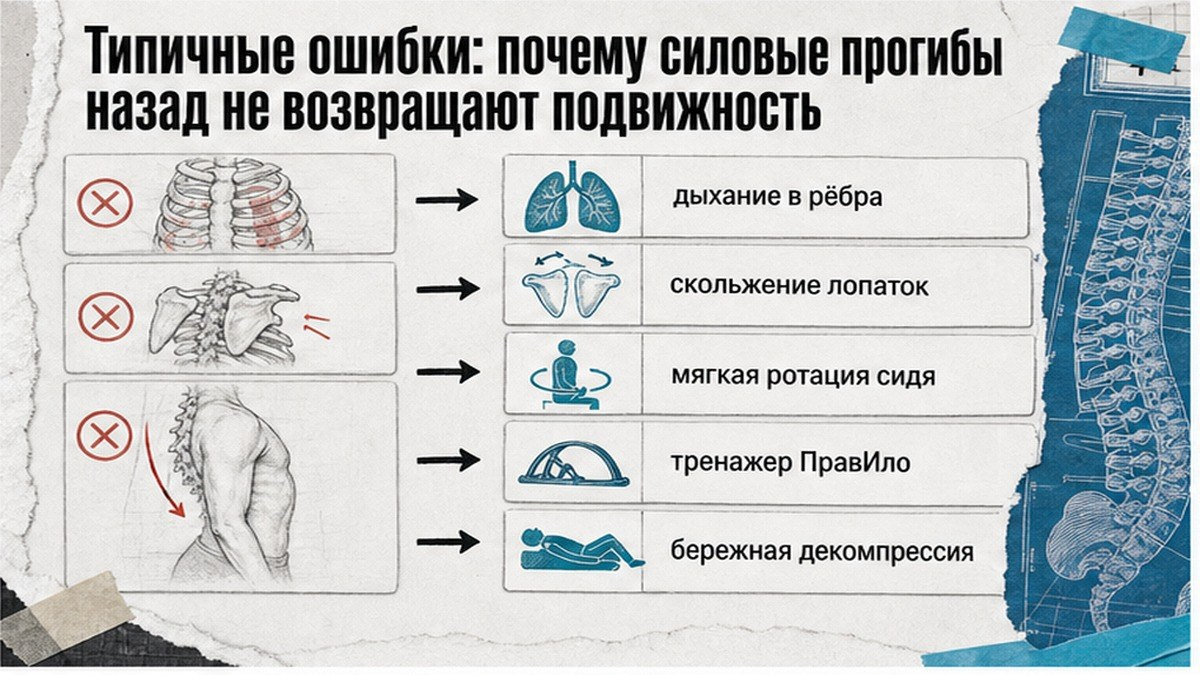 Схема типичных ошибок при попытке вернуть подвижность грудного отдела