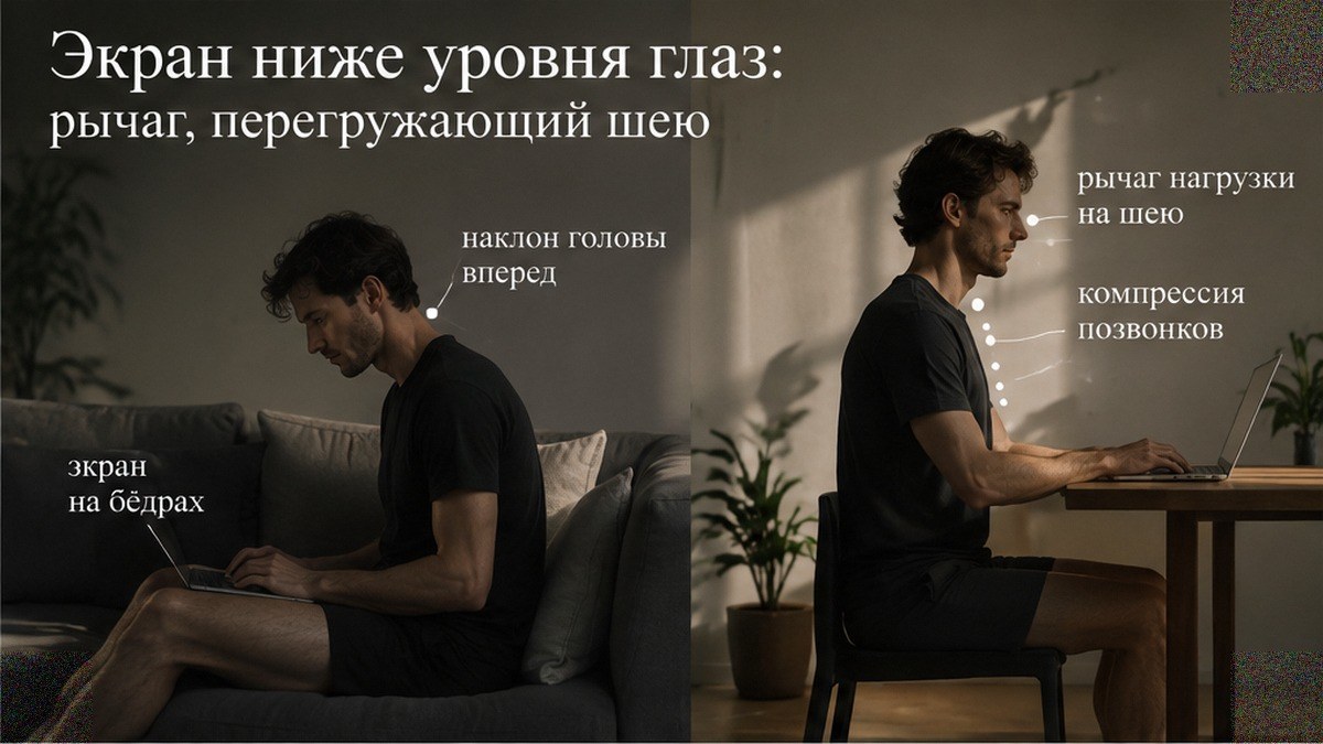 Сравнение нагрузки на шею при работе за столом и с ноутбуком на коленях