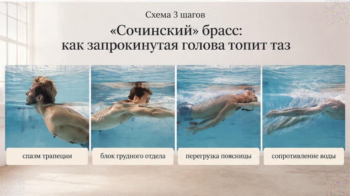 Схема: цепочка от запрокинутой головы к спазму и перегрузке спины