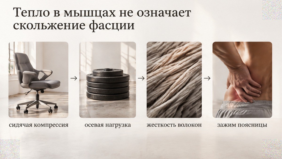 Схема: почему тепло в мышцах не равно скольжению фасции