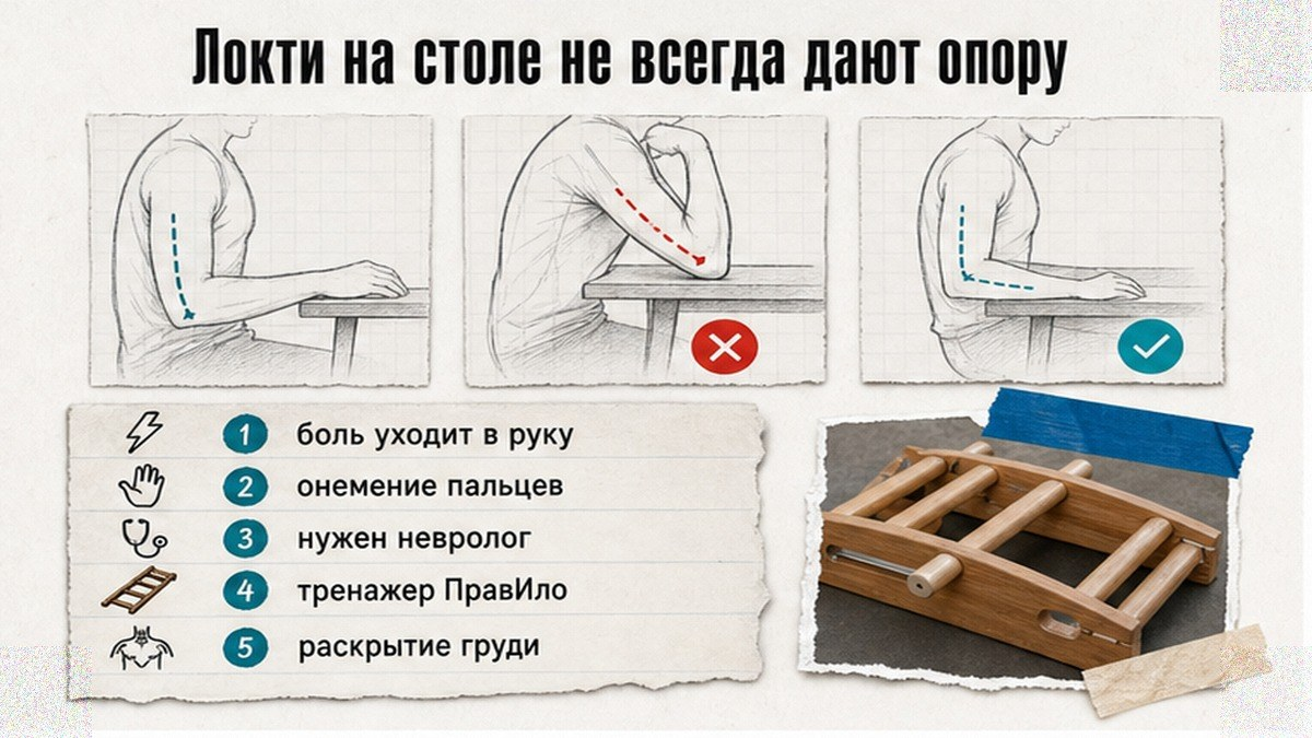 Схема: почему локти на столе не всегда разгружают шею