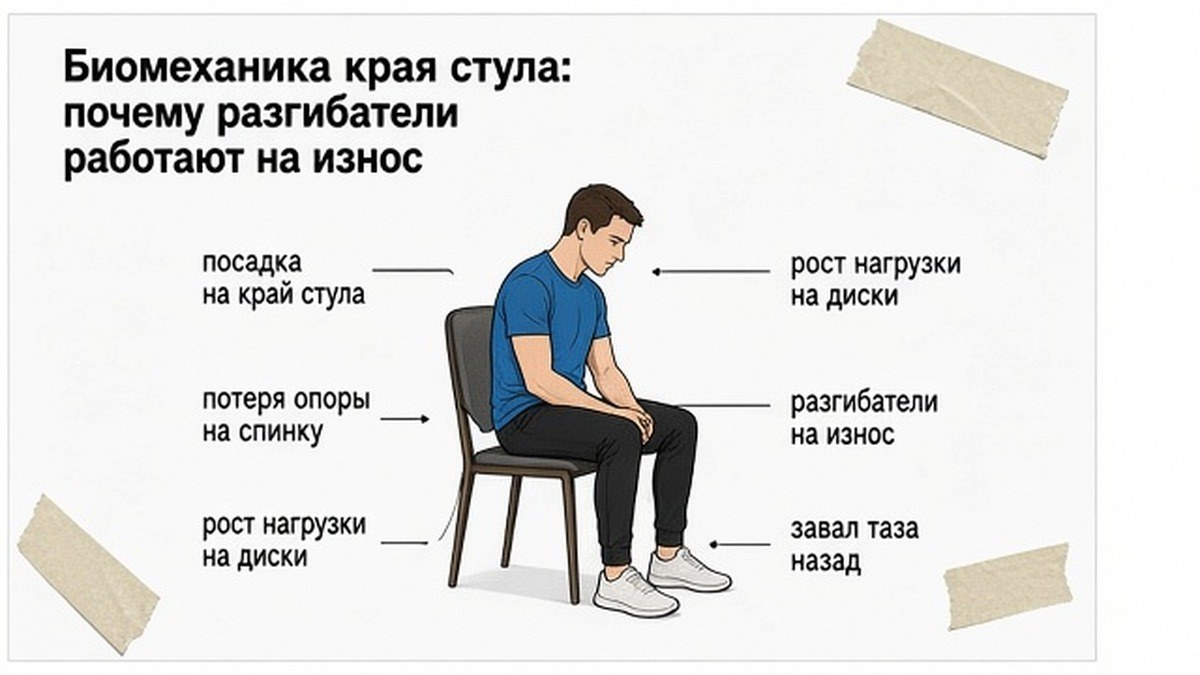 Инфографика: биомеханика посадки на край стула и нагрузка на разгибатели