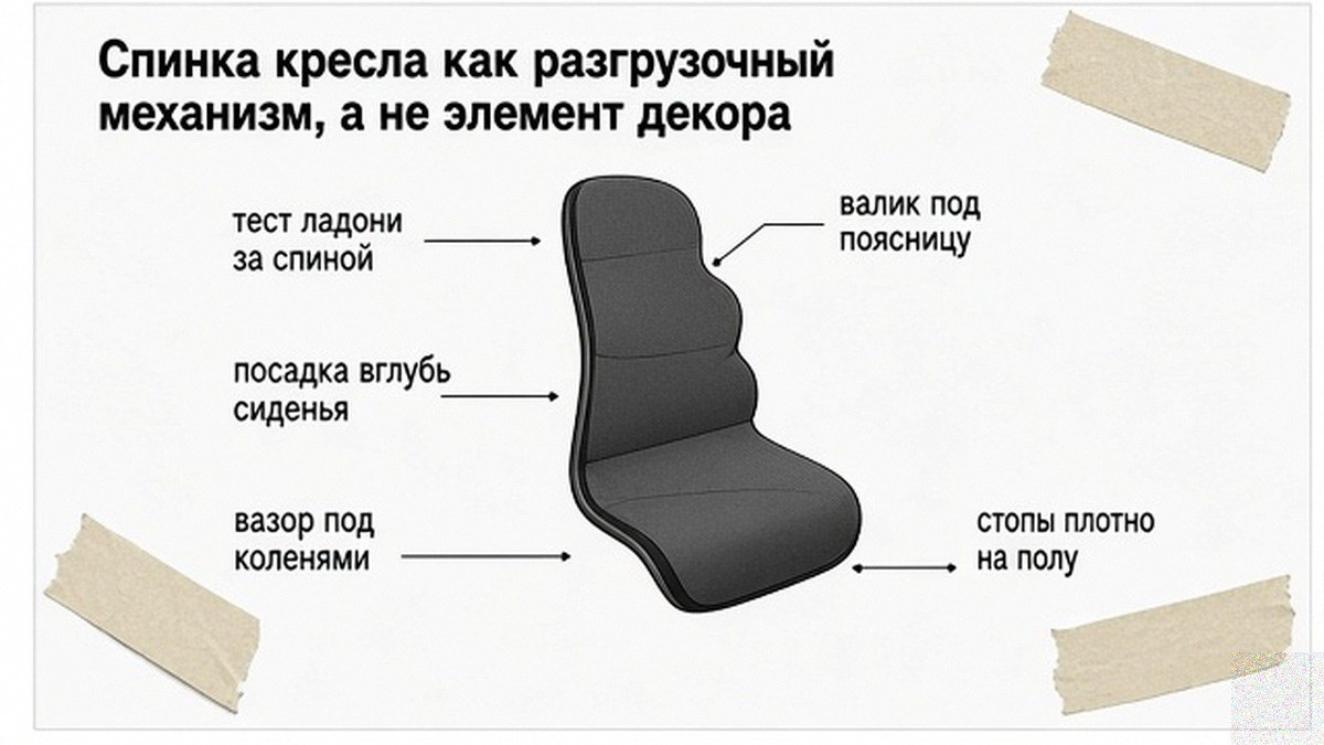 Схема: как спинка кресла разгружает поясницу при правильной посадке