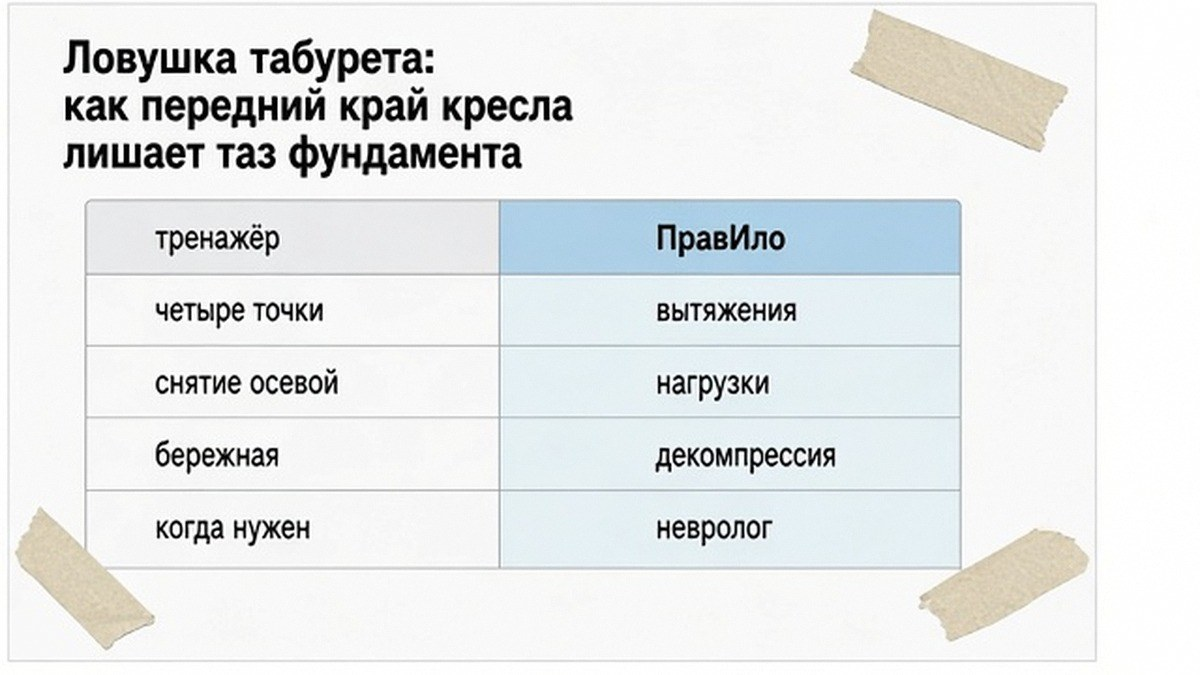Сравнение: посадка на край стула и кресло с поддержкой поясницы