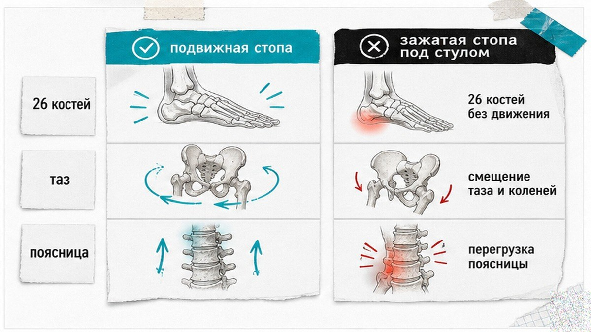 Сравнение: как зажатая стопа под стулом перегружает поясницу