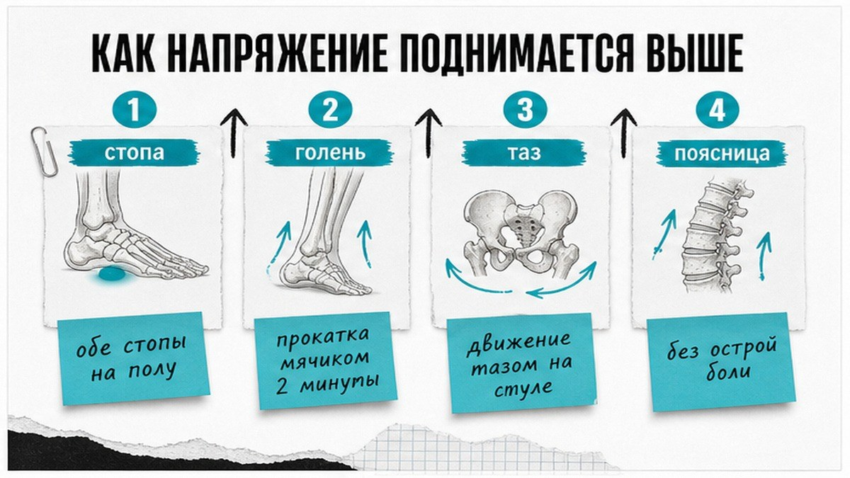 Схема: как напряжение от стопы поднимается к пояснице