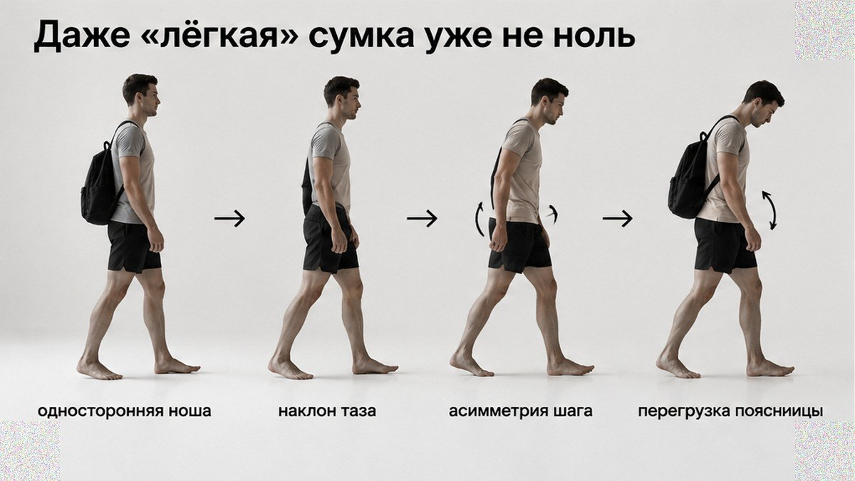 Схема: почему лёгкая сумка уже меняет походку