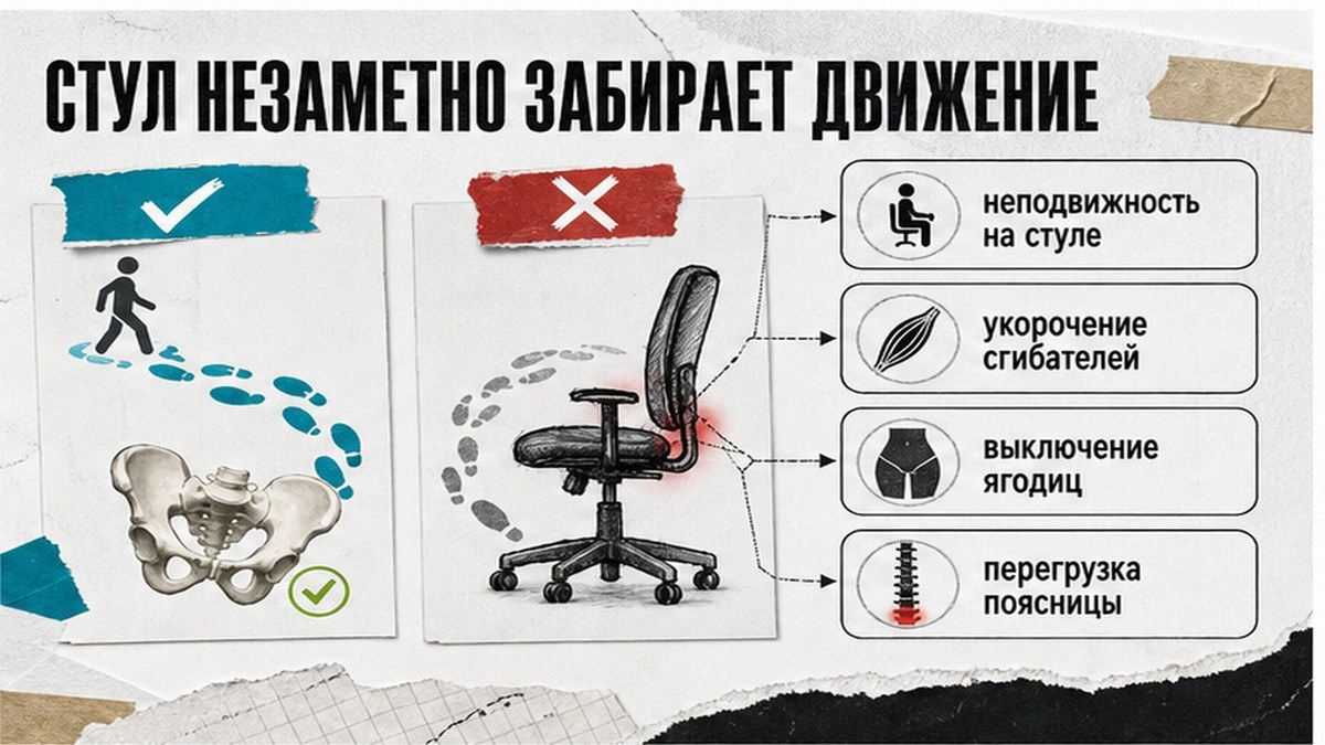 Сравнение: как стул отключает движение таза и перегружает поясницу