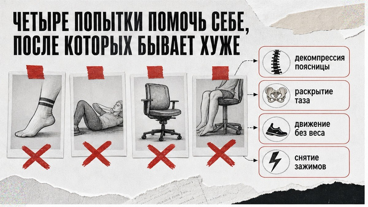 Схема: четыре ошибки самопомощи, которые усиливают боль в пояснице