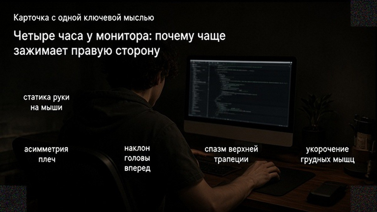 Почему после долгой работы за монитором чаще зажимает правую сторону шеи и плеча