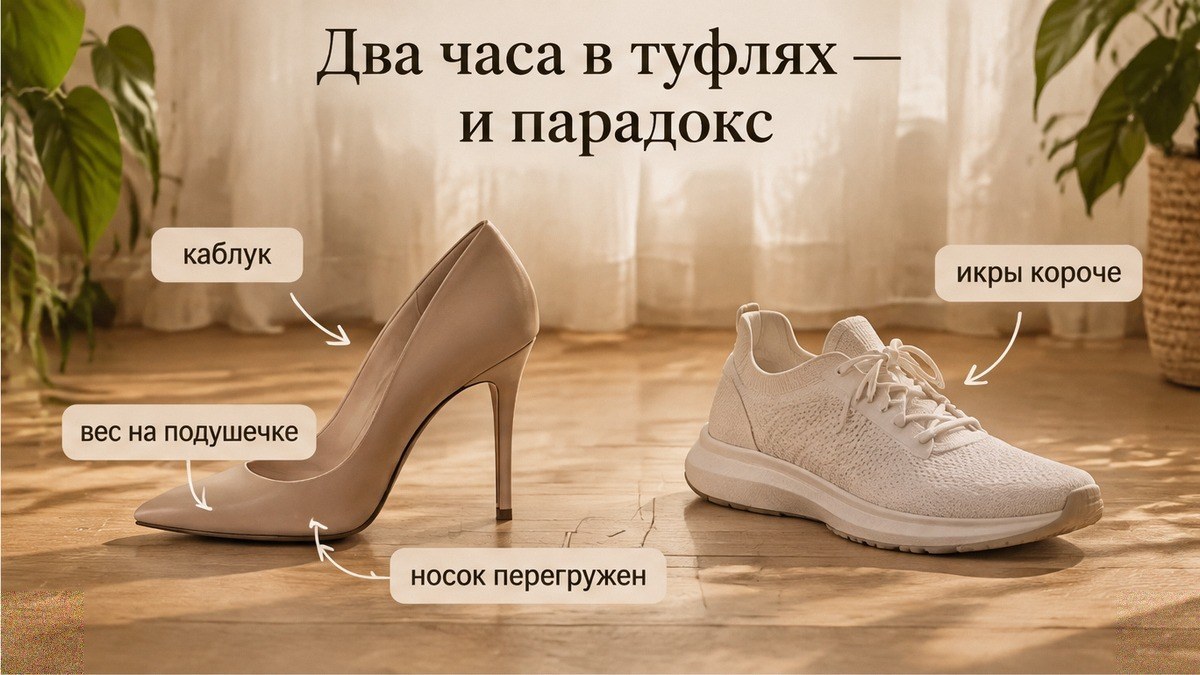 Схема: в туфлях икры короче, вес на подушечке стопы