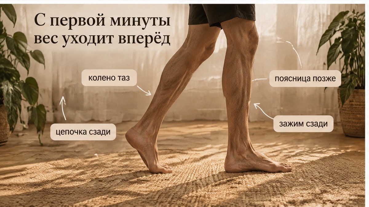 Схема: вес уходит вперёд, поясница включается позже