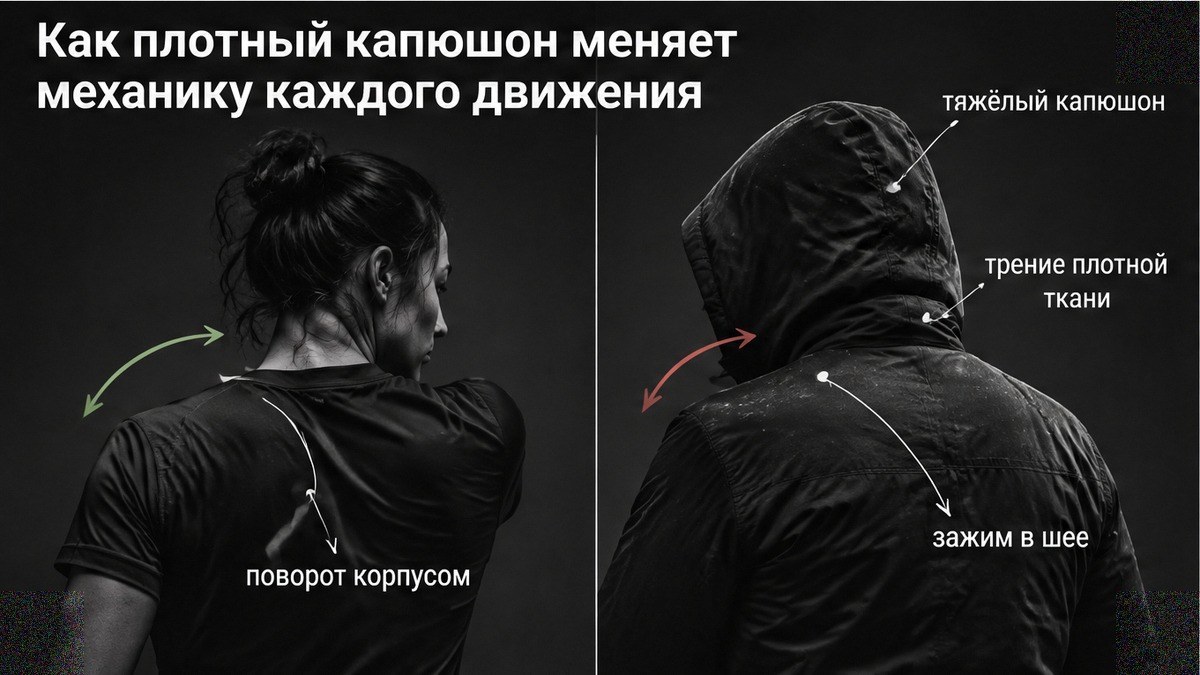 Сравнение: свободный поворот головы и зажим с плотным капюшоном