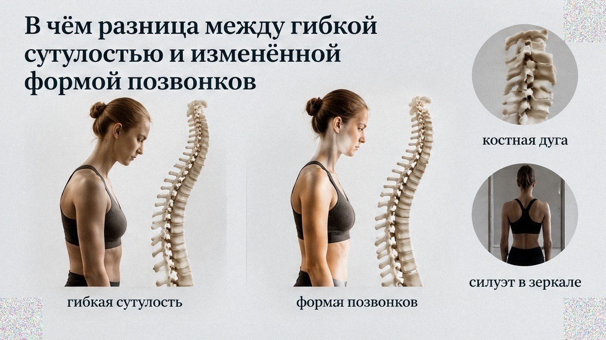 Сравнение гибкой сутулости и изменённой формы позвонков
