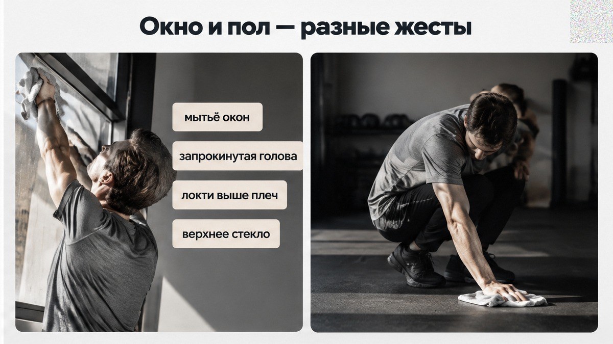 Сравнение жестов: мытьё окон и верхнее стекло