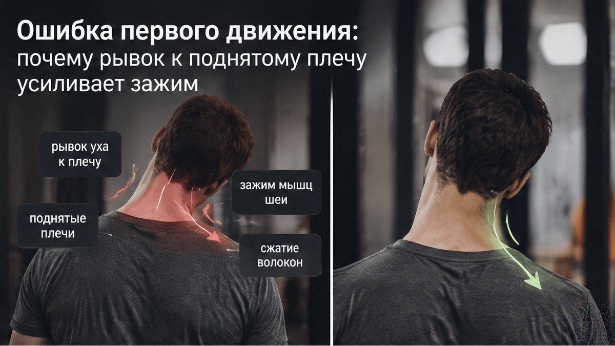 Сравнение: рывок головы к поднятому плечу и бережный наклон с опущенным плечом