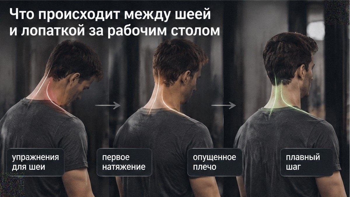 Схема: что происходит между шеей и лопаткой при сидячей работе