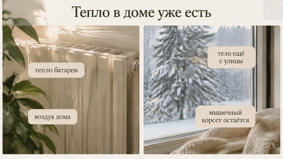 Сравнение: тёплый воздух дома и спина, которая ещё не отпустила улицу
