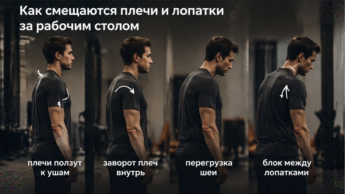 Схема: смещение плеч и лопаток за рабочим столом