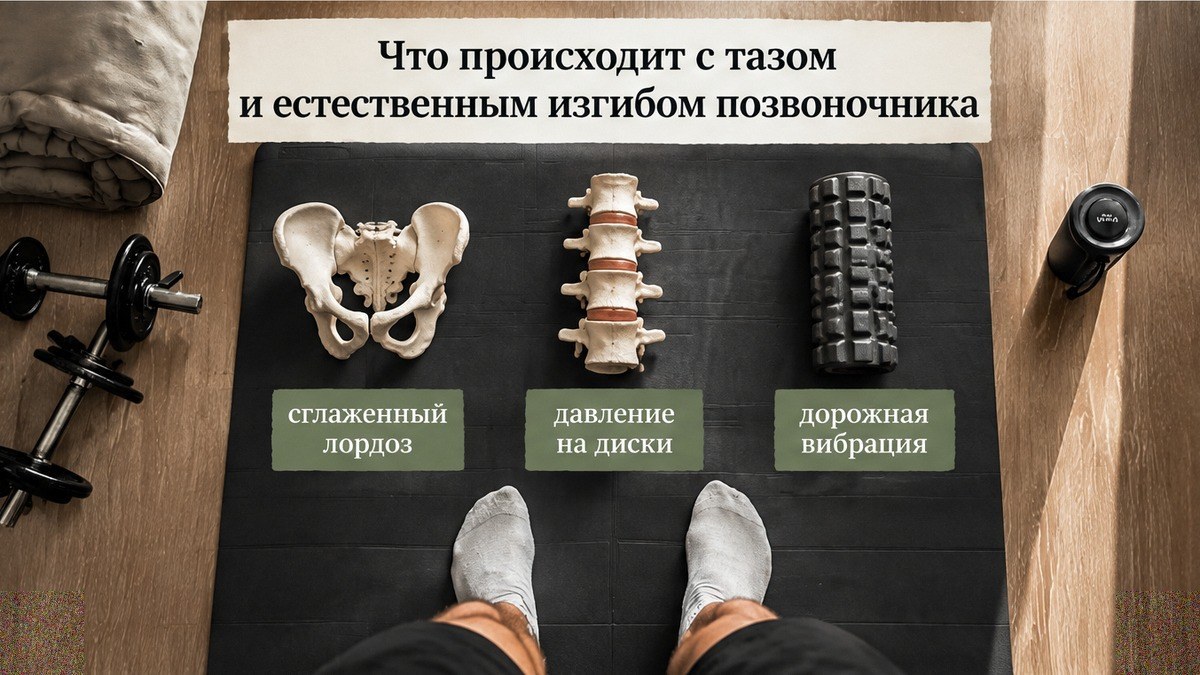 Сравнение: таз, изгиб позвоночника и нагрузка на диски в машине