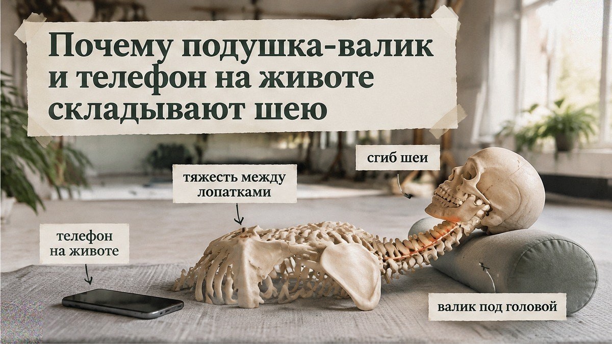 Инфографика: валик и телефон на животе сгибают шею