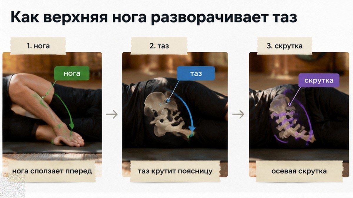Схема: как верхняя нога во сне разворачивает таз и нагружает поясницу